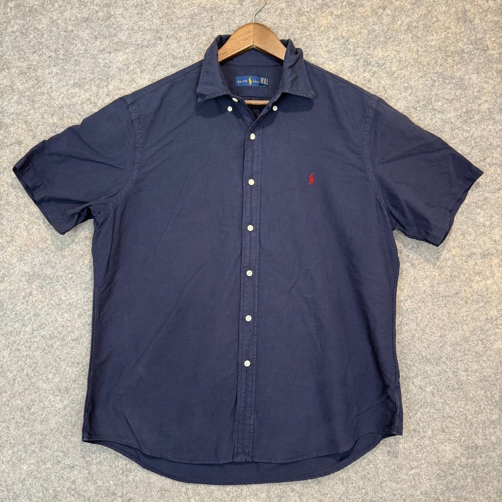 Ralph Lauren Button Down Shirt Mens Large Navy Blue Modern Pony Short Sleeve Tee